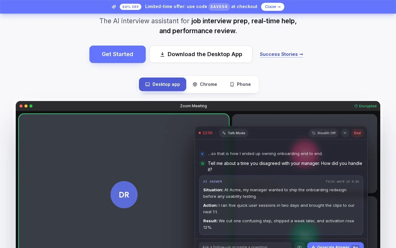 Screenshot of the Interview Sidekick website