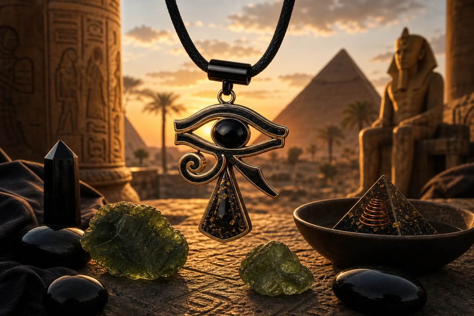 Eye of Horus Pendant Necklace: visual reference for 5. Eye of Horus Pendant Necklace – Egyptian Jewelry with Black Onyx Crystal, Orgone Energy & Magnetic Clasp