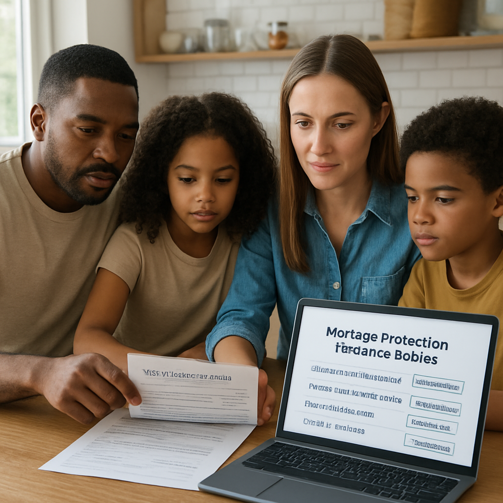 A photorealistic scene of a diverse Australian family sitting at a kitchen table, reviewing a mortgage statement and a laptop screen showing multiple mortgage protection insurance quotes, natural lighting, realistic textures, Realism style. Alt: Assessing mortgage protection needs with family at kitchen table.