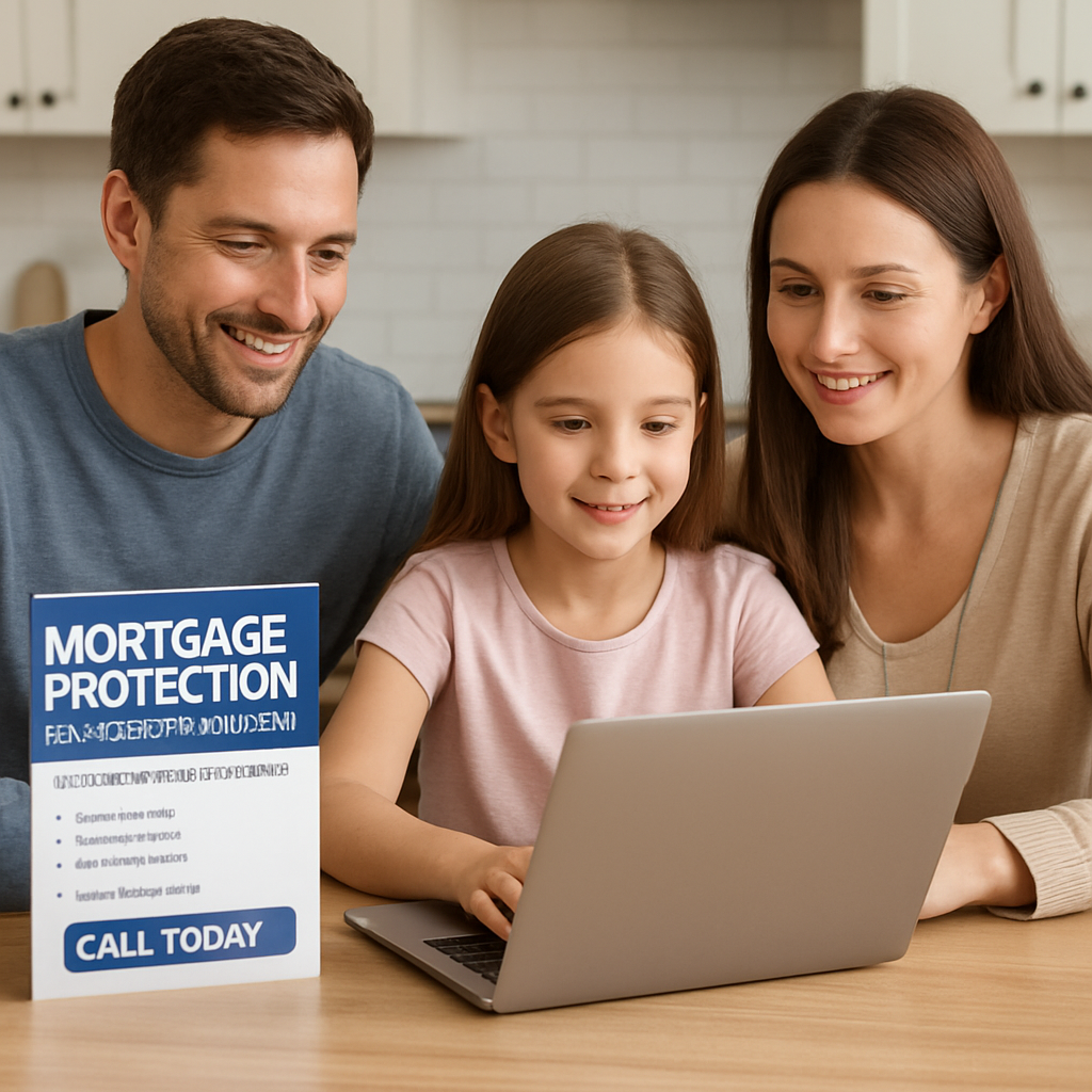 A photorealistic scene of a family sitting at a kitchen table reviewing mortgage protection insurance options on a laptop, with a broker’s brochure beside them, highlighting living benefit riders. Alt: Family reviewing mortgage protection living benefits options.