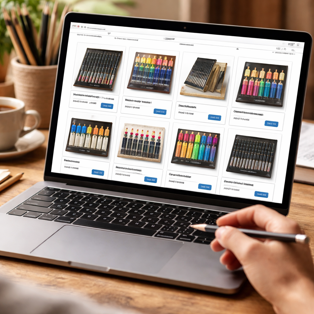 A photorealistic scene of a laptop screen showing an online art supply store product grid, with a hand holding a professional drawing pencil, soft natural lighting, realistic textures, alt: Buying professional drawing pencils online on a trusted store