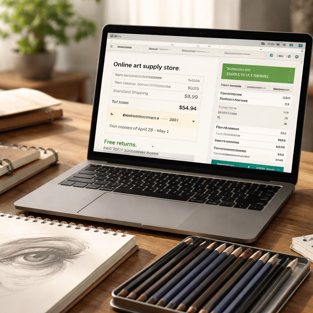 A photorealistic scene of a laptop screen showing an online art supply store checkout page with shipping cost breakdown, next to a sketchbook and a set of professional drawing pencils, soft natural lighting, realistic textures, alt: evaluating shipping, returns, and customer service when buying professional drawing pencils online