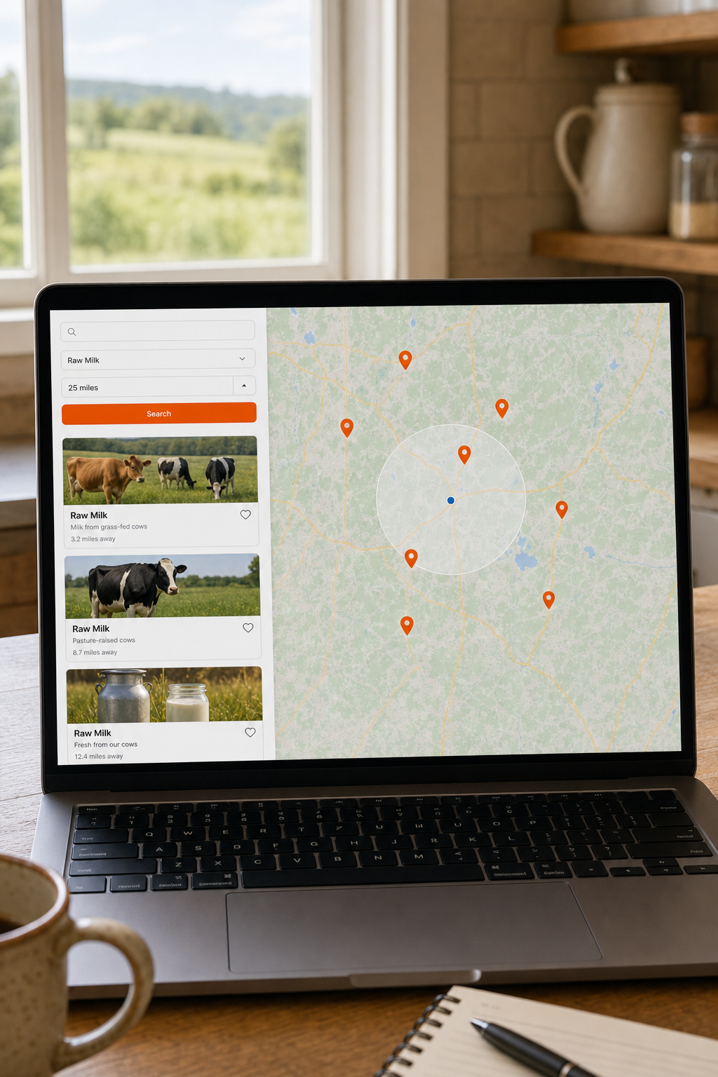 A photorealistic screenshot of a homestead directory website showing a map with pins near a rural area, with a search bar and farm listings. Alt: Screenshot of The Easy Homestead directory showing raw milk farm listings near a location.
