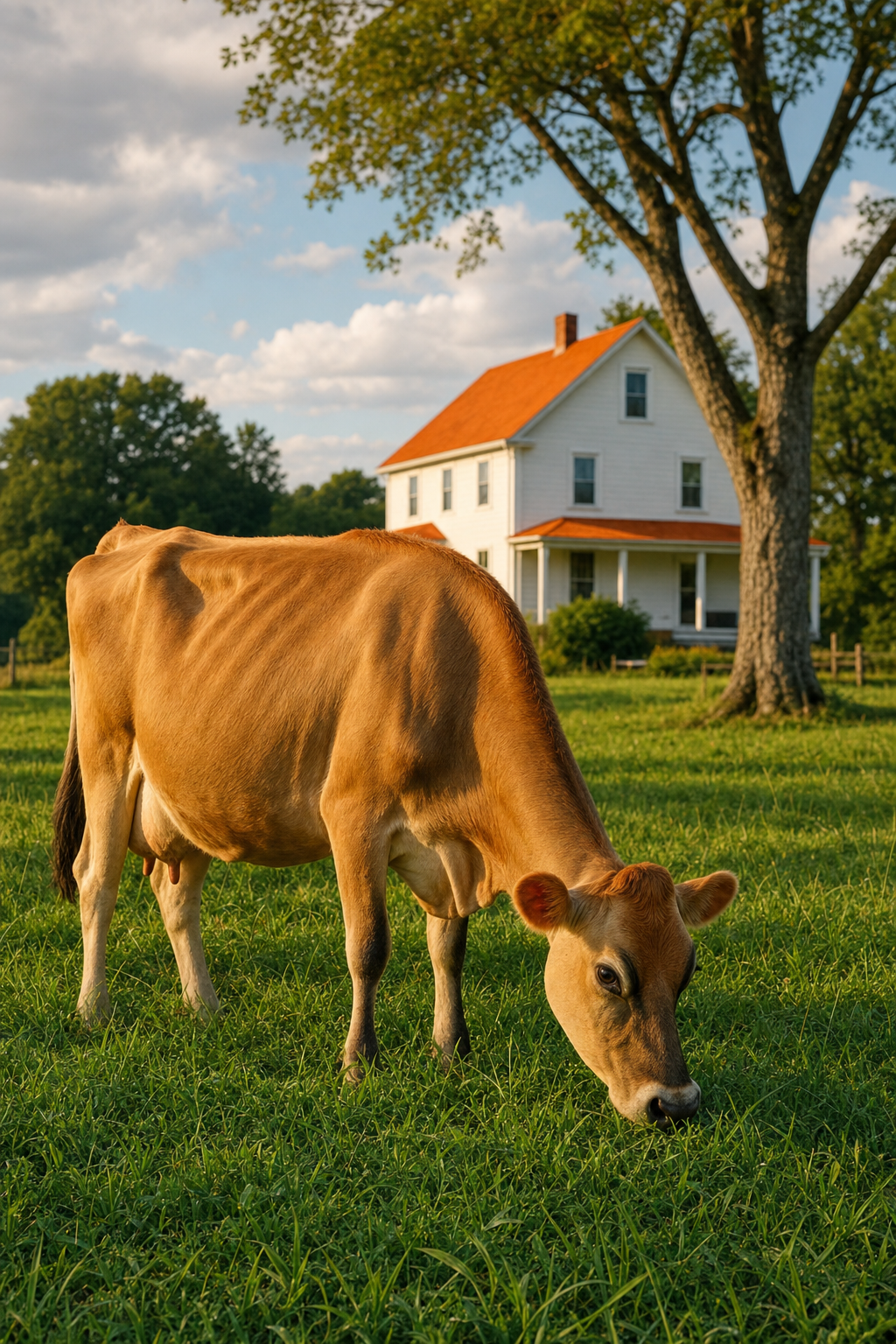 A photorealistic image of a Jersey cow grazing in a green pasture with a farmhouse in the background. Alt: Jersey cow grazing on pasture for herd share raw milk.