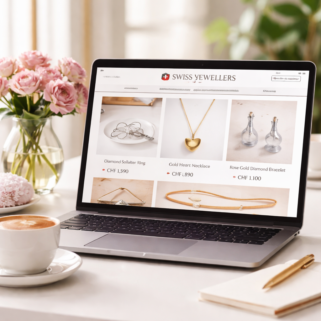 A photorealistic scene of a laptop screen showing a Swiss jewellery retailer website with clear product images, price tags, and shipping info, set on a clean desk with a cup of coffee, appealing to women shoppers looking for online Swiss jewellery.
