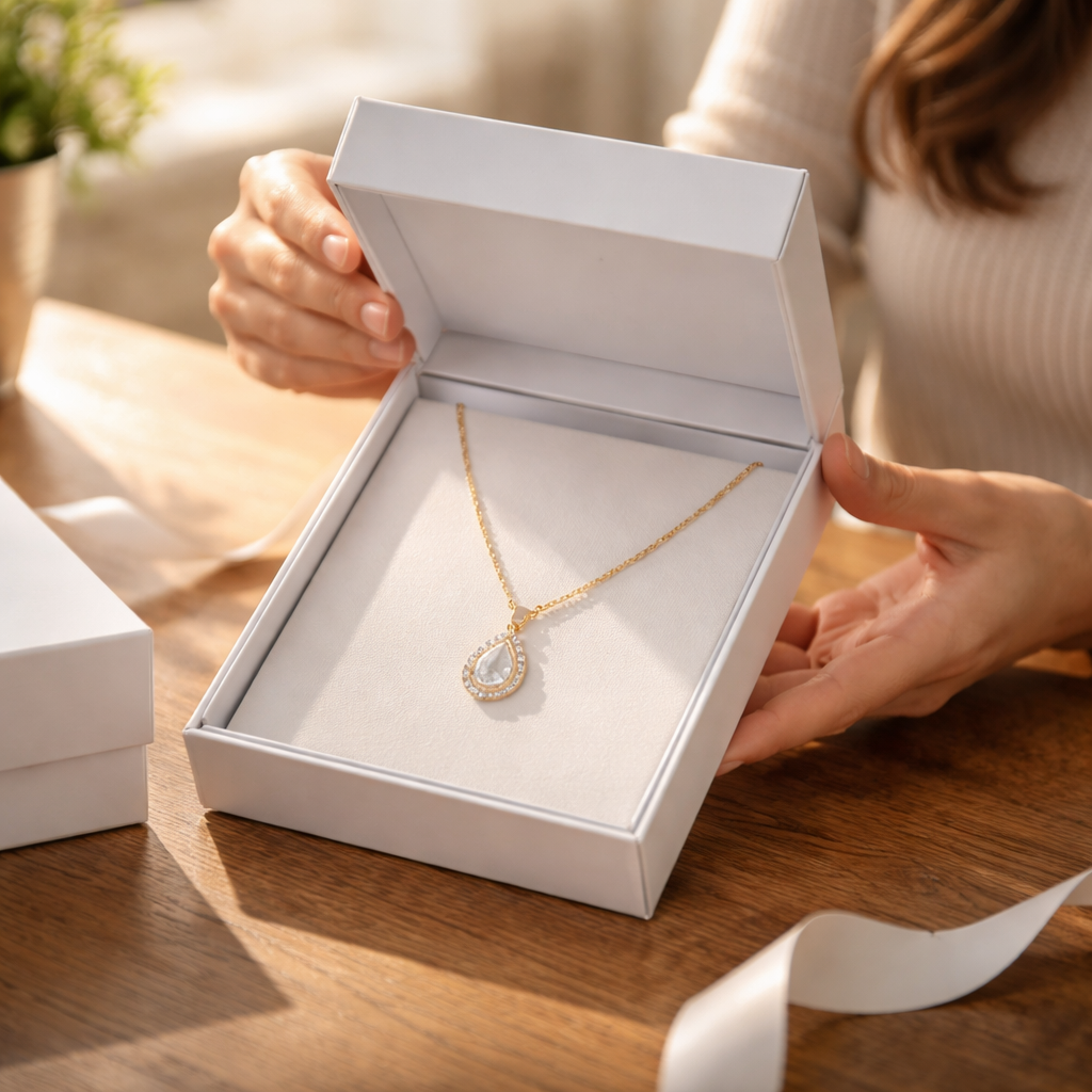 A photorealistic scene of a woman opening a sleek white box on a wooden table, revealing a sparkling Swiss gold necklace with a diamond pendant, soft natural light highlighting the jewellery, realistic style, alt: woman unboxing Swiss jewellery purchased online.