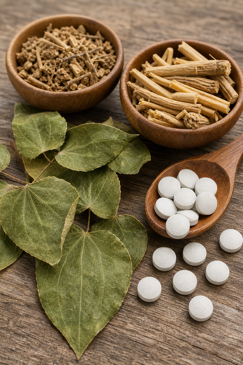 A photorealistic close‑up of natural supplement ingredients such as Horny Goat Weed leaves, Tongkat Ali roots, and zinc tablets scattered on a wooden surface. Alt: natural testosterone booster ingredients