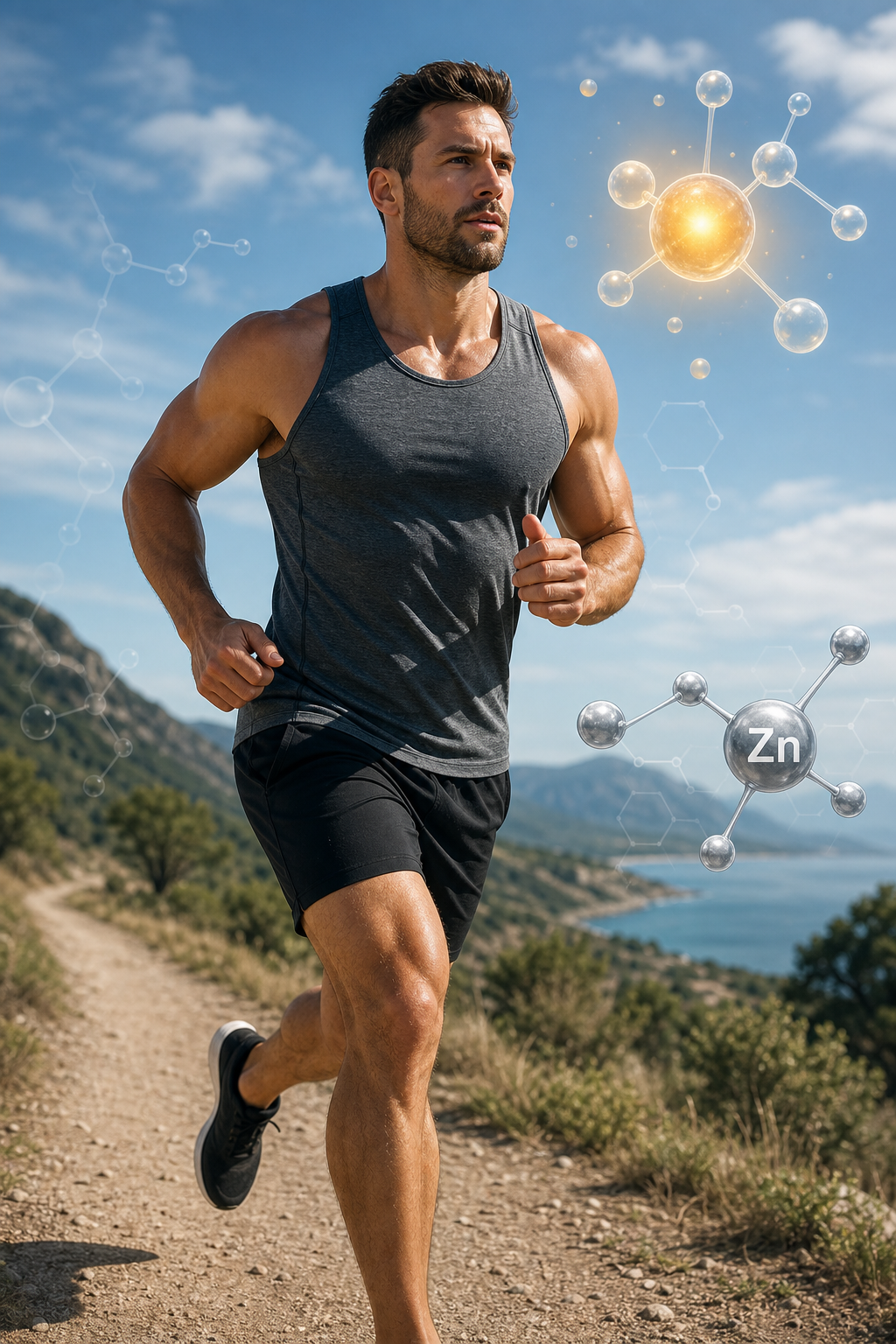 A realistic illustration of a muscular man running outdoors, with subtle graphics of molecular structures representing zinc and vitamin D surrounding him. Alt: testosterone booster benefits illustration