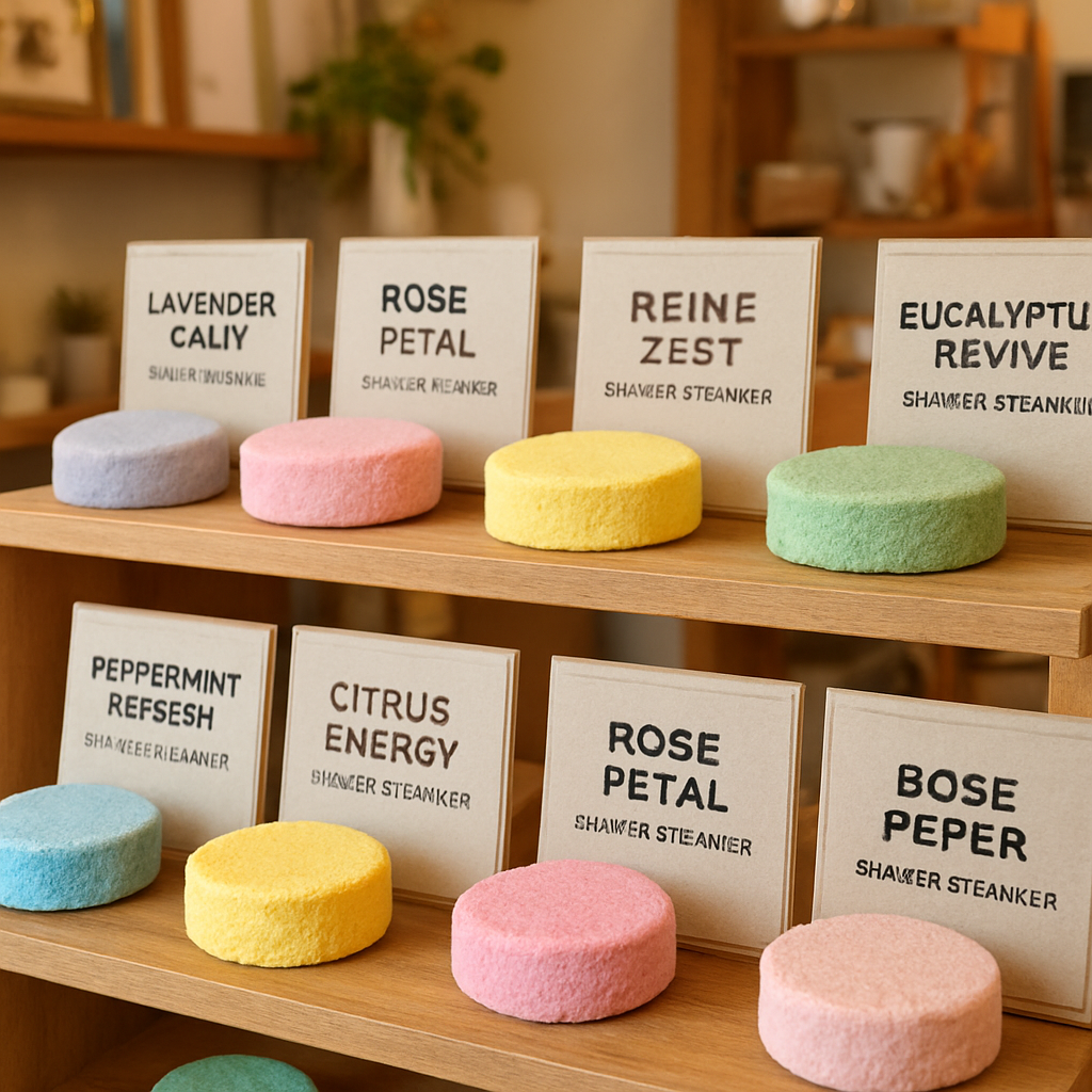 A bright, welcoming boutique shelf filled with colorful, handcrafted shower steamers, each labeled with a scent name like 