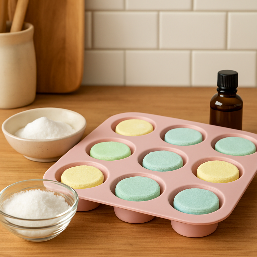 A cozy kitchen countertop with a silicone muffin tin filled with pastel‑colored shower steamer tablets, a small bowl of baking soda, citric acid, and a bottle of essential oil. Alt: DIY shower steamer recipe step by step.
