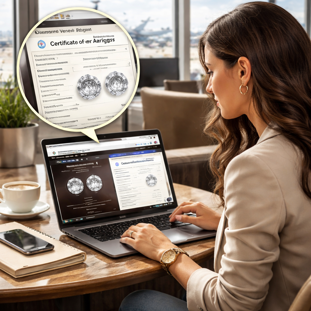 A photorealistic scene of a stylish woman opening a laptop on an airport lounge table, looking at diamond veneer earrings product page with close-up of certification PDF and metal stamp details. Alt: Verify product quality and certifications for diamond veneer earrings online.