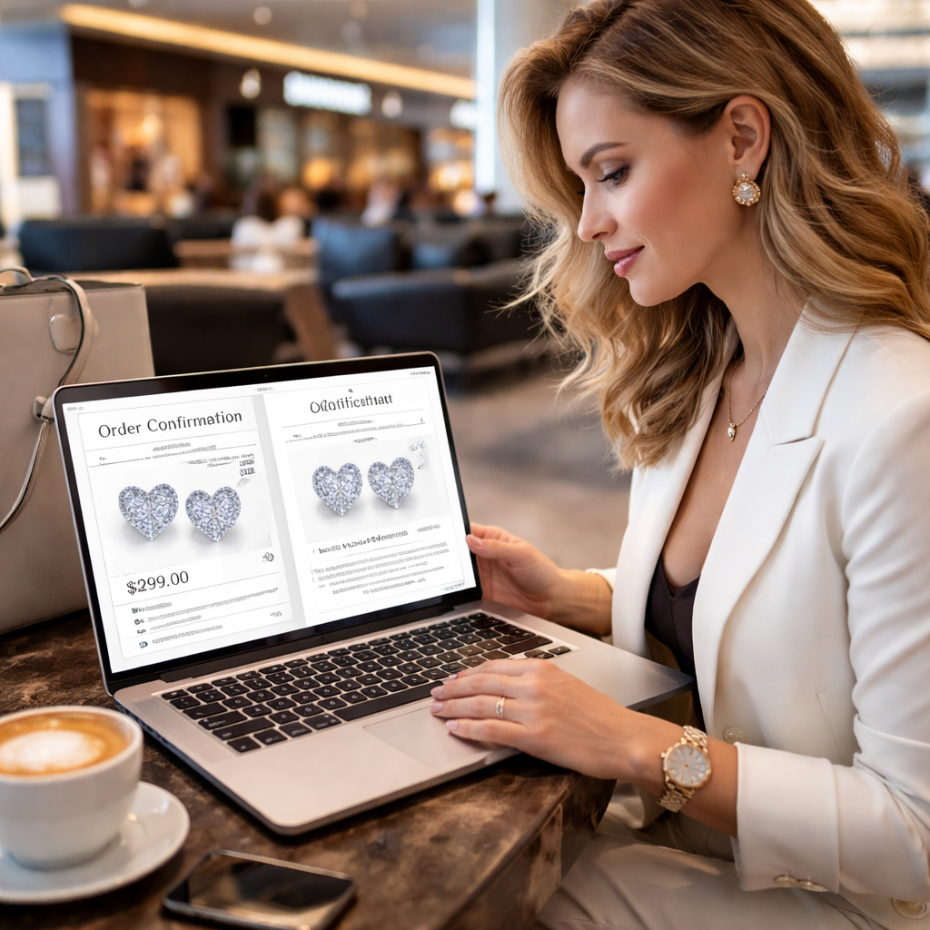 A photorealistic scene of a stylish woman at an airport lounge opening a laptop, viewing her Diamond Veneer e‑earring order confirmation and PDF authenticity certificate on the screen. Alt: Post‑purchase care for diamond veneer earrings online.