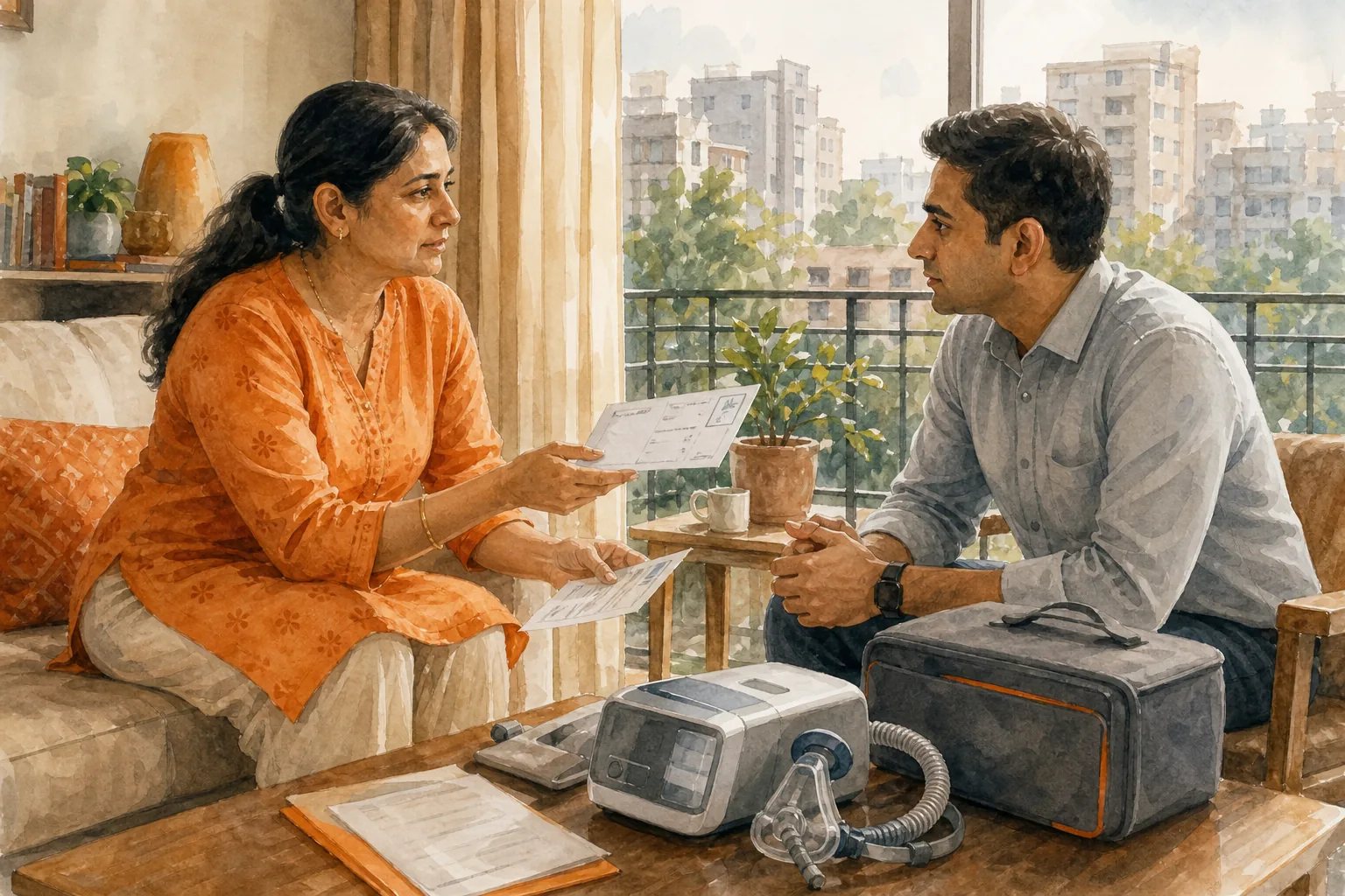 Caregiver checking BiPAP rental availability for a Delhi NCR home address.