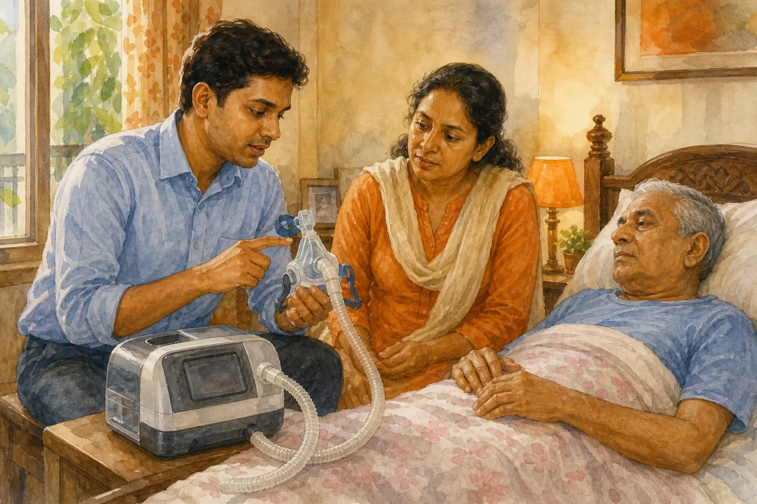 Technician showing a caregiver how to use a rented BiPAP machine at home in India.