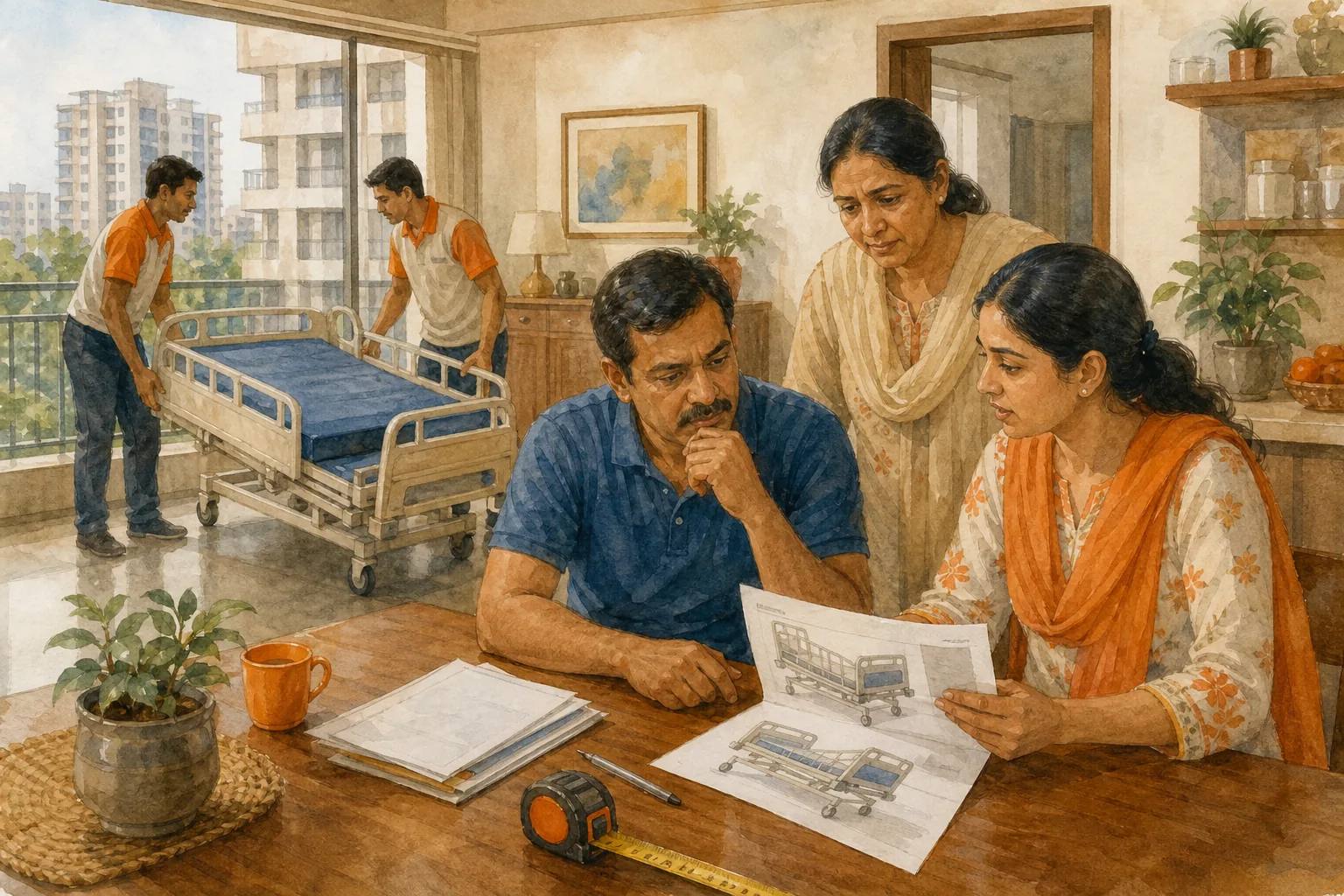 Family checking hospital bed rental costs and delivery coverage in Delhi NCR.