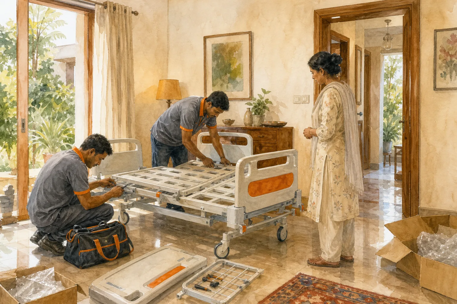 Hospital bed delivery, setup and caregiver demonstration at a home in Delhi NCR.