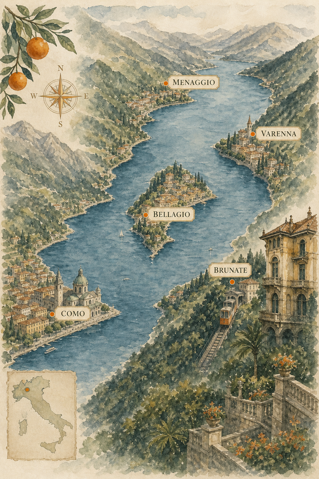 A watercolor map of Lake Como showing the main towns: Como, Bellagio, Varenna, Menaggio, and the hilltop village of Brunate, with labels and a vintage aesthetic. Alt: Lake Como map with key towns and Brunate highlighted.