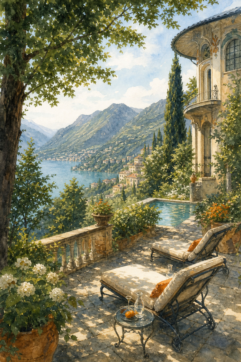 A watercolor scene of a sun-dappled terrace in a hilltop garden, with loungers, a small table, and a view of distant mountains through trees. Alt: Hillside garden terrace with pool and forest views above Lake Como.