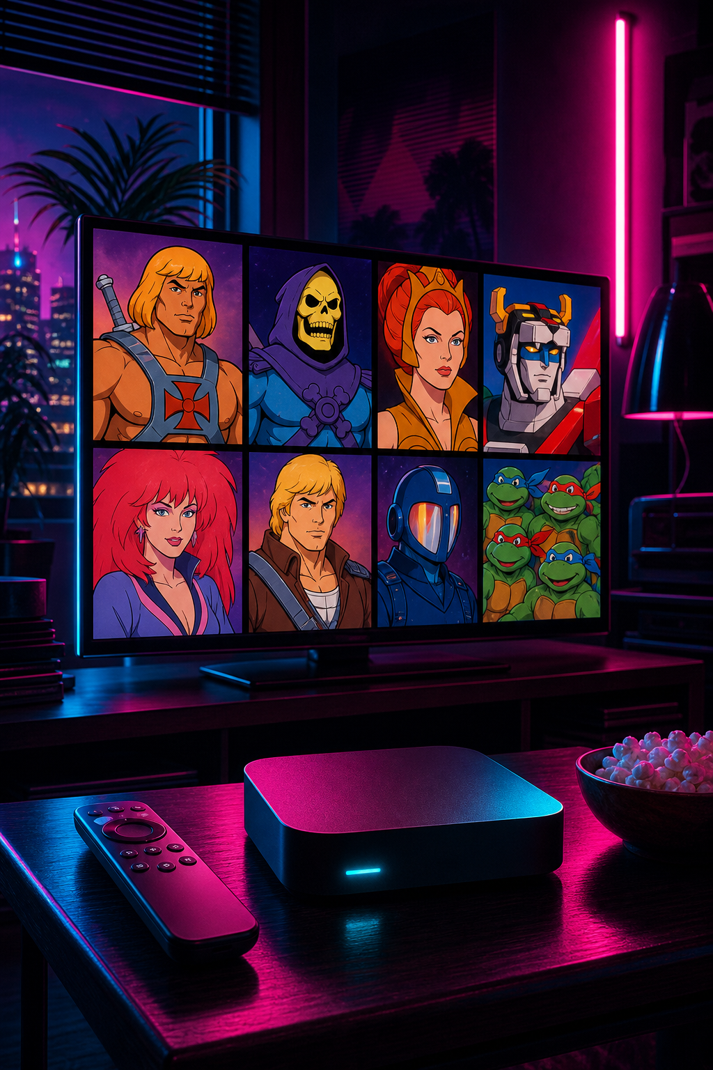 Neon noir illustration of an old-school TV set broadcasting a retro cartoon channel guide, with channel numbers glowing cyan (#00FBFF) on screen, popcorn on the couch, darkened room atmosphere. Landscape format. Alt: Pluto TV free classic 80s cartoon streaming channels.