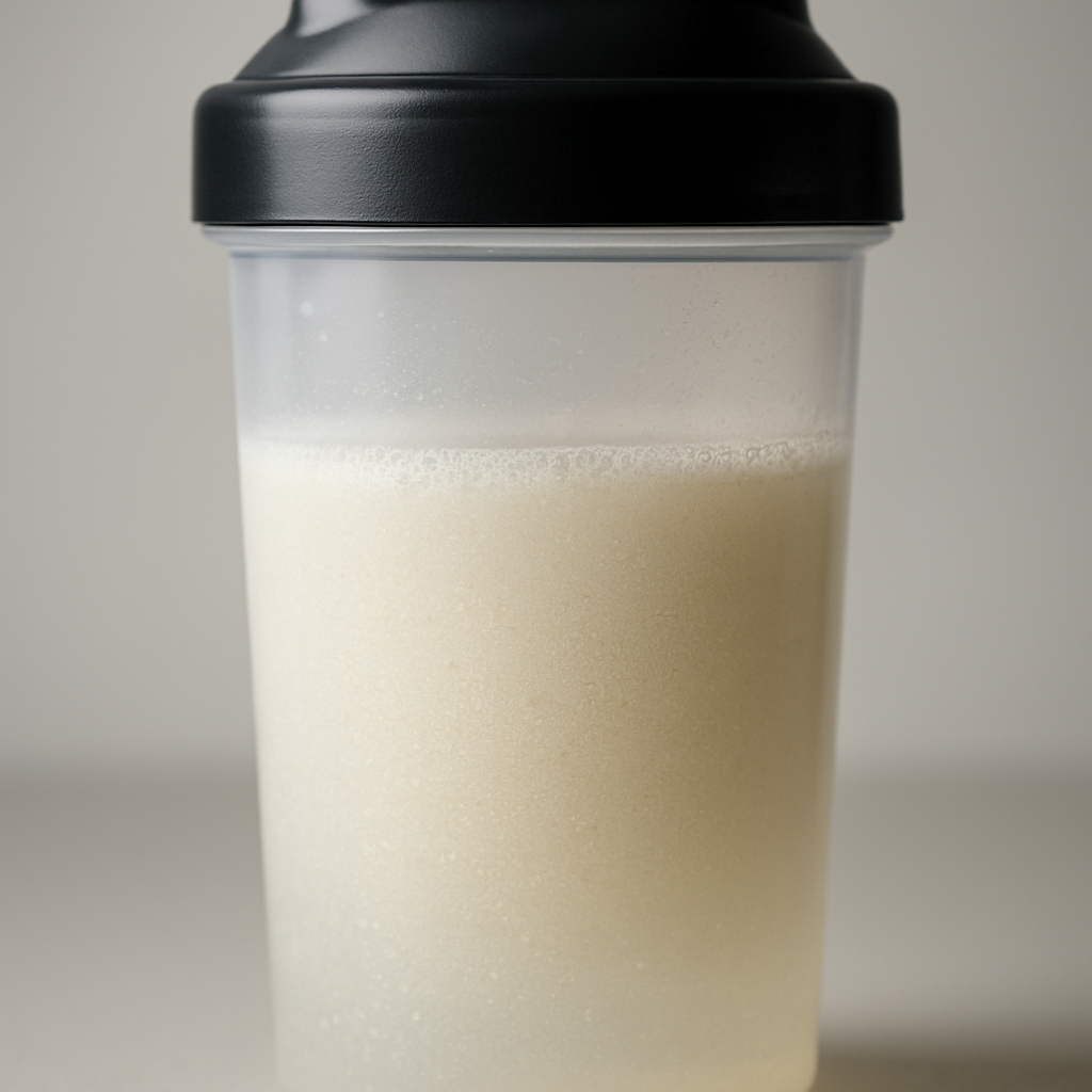 A close‑up of a shaker bottle with whey isolate powder dissolving in clear water, showing a smooth, no‑clump mixture. Alt: whey isolate for lactose intolerance smooth shake