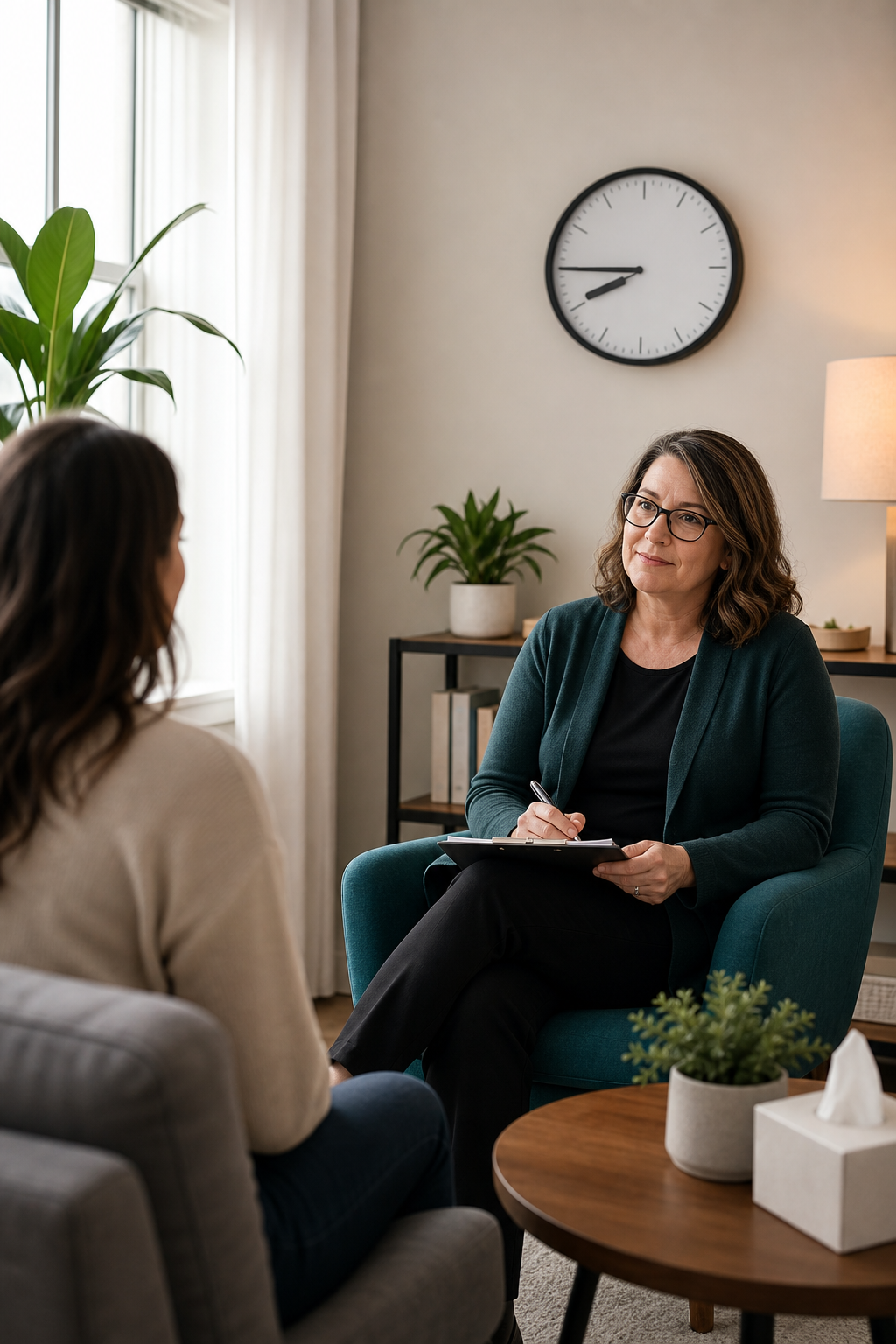 A realistic photo of a therapist in a calm office, sitting across from a patient, with a clock on the wall showing 45 minutes. The room has soft natural light, plants, and a neutral color palette. Alt: CPT 90834 45-minute therapy session with therapist and patient