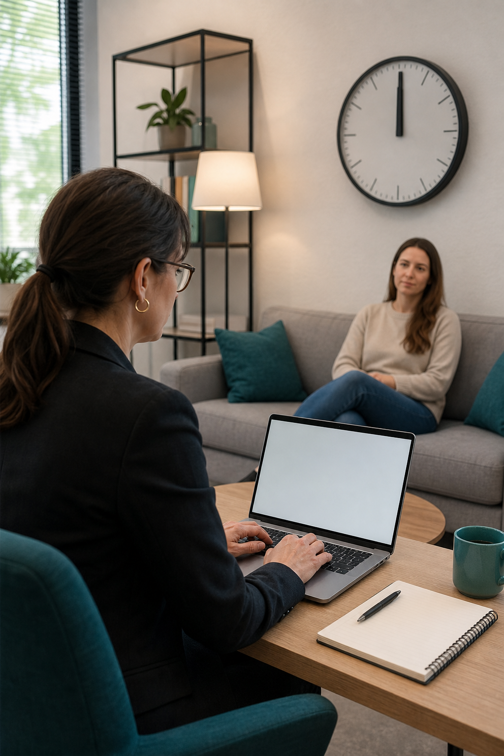 A realistic photo of a therapist using a laptop in a modern office, with a patient visible in the background sitting on a couch, a clock on the wall showing 60 minutes. Alt: CPT 90837 60-minute therapy session billing on computer
