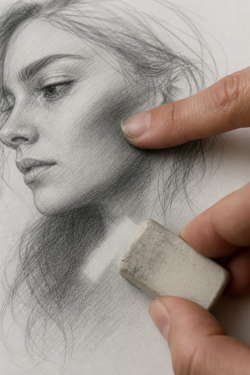 A photorealistic close-up of a sketch with a finger smudging the graphite, showing a clear smudge mark, and an eraser lifting graphite from the paper. Alt: A hand smudging a graphite sketch with a finger and an eraser cleaning the mark.