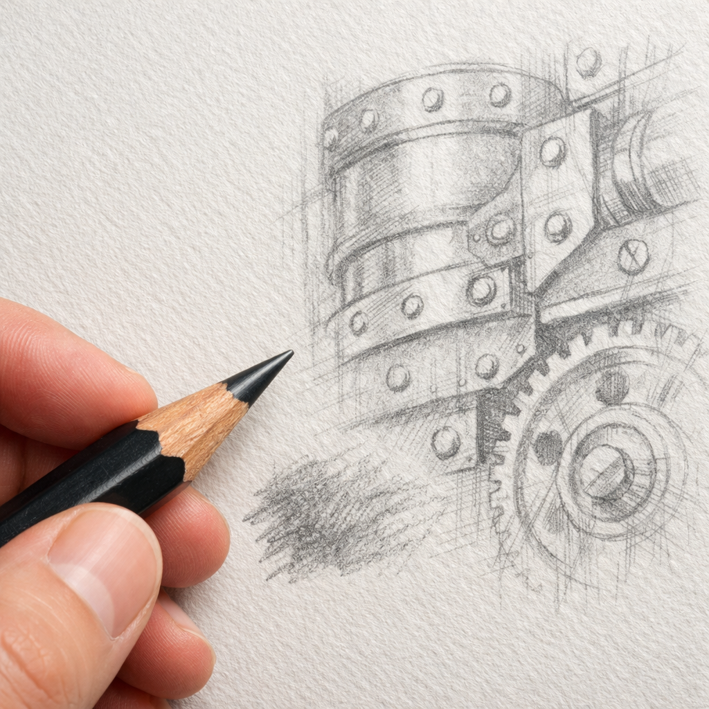 A realistic close‑up of a hand holding a graphite pencil next to a sheet of textured paper, showing the tip and a faint metal sketch. Alt: graphite pencil for metal texture drawing