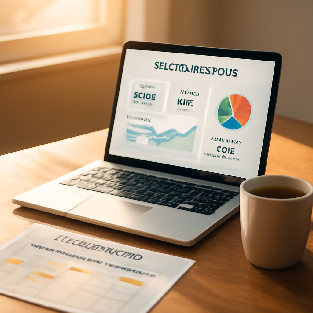 A desk with a laptop displaying an SEO dashboard, a coffee mug, sunlight streaming in, showing a content calendar. Alt: SEO dashboard on laptop