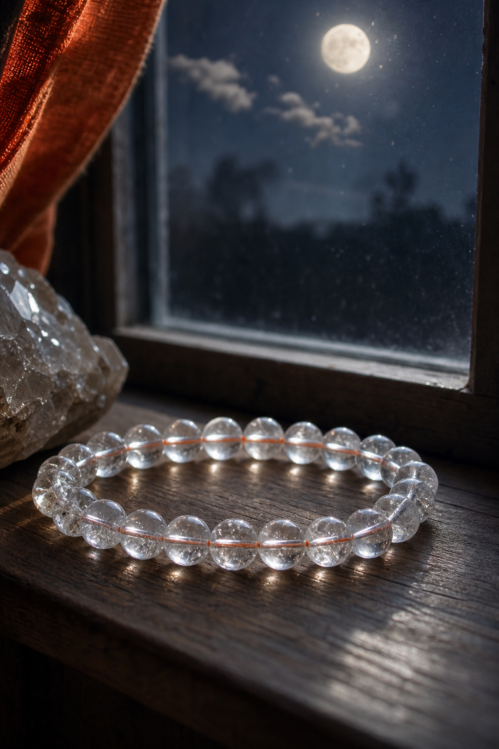A realistic scene of a crystal bracelet lying beside a moonlit window, light highlighting the clear quartz beads, alt: clear quartz bracelet energy amplification