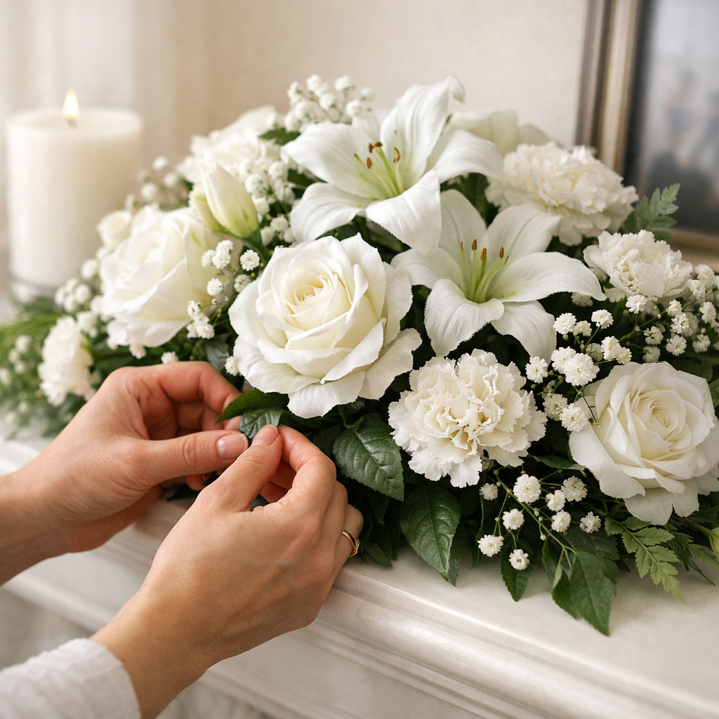 A realistic close‑up of white silk funeral flowers displayed on a mantle with soft natural lighting, alt: caring for white silk funeral flowers