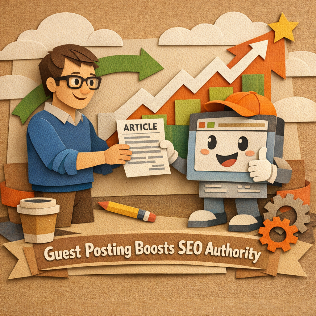A Papercraft style illustration of a writer handing a polished article to a website mascot, both surrounded by arrows pointing to a rising SEO chart, alt: Guest posting boosts SEO authority