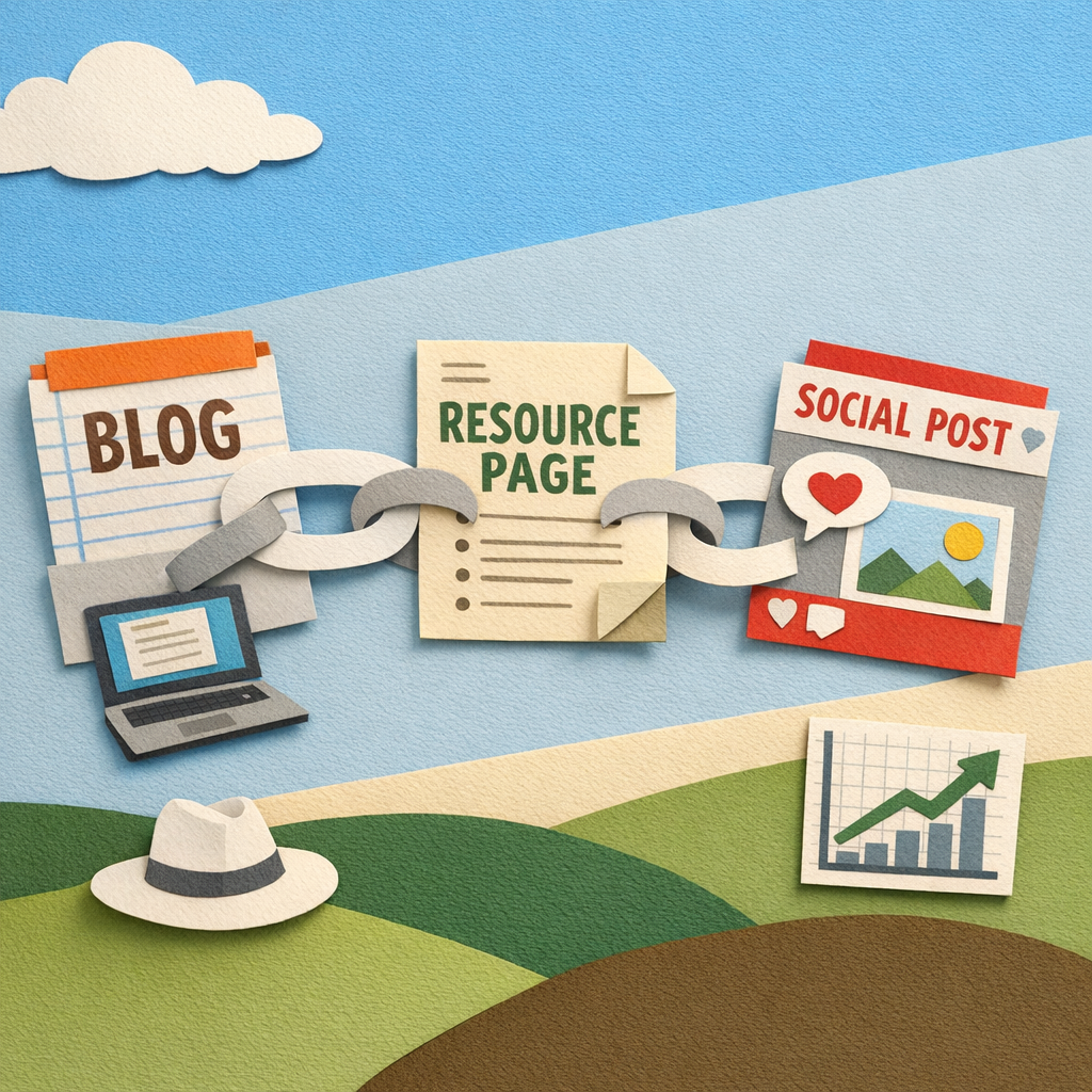 A Papercraft illustration of a paper chain of backlinks linking a blog, a resource page, and a social post, with tiny hand drawn icons of a laptop and a graph, representing white hat link building strategies. Alt: Paper chain of ethical backlinks visual.