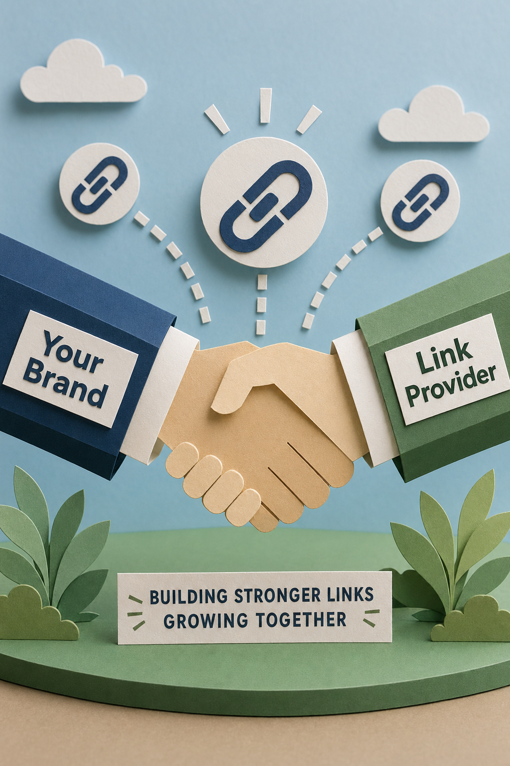 A papercraft scene showing two hands shaking with a "Your Brand" label on one side and a "Link Provider" label on the other, with backlink symbols floating above. Alt: White label link building partnership concept.