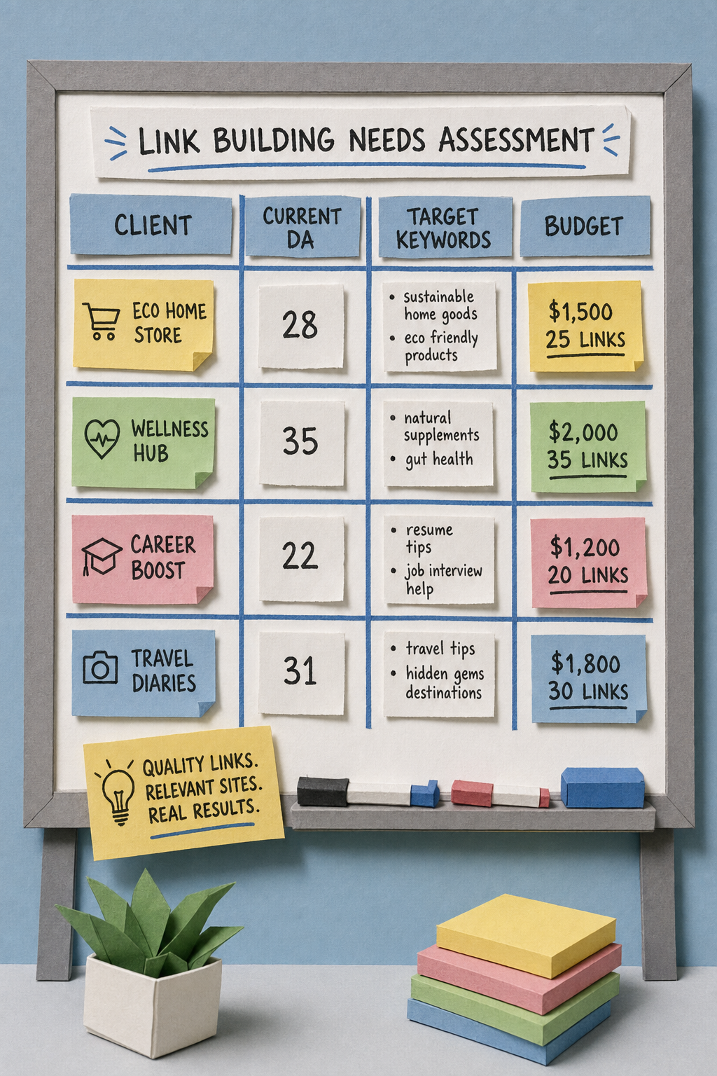 A papercraft depiction of a whiteboard with columns labeled 