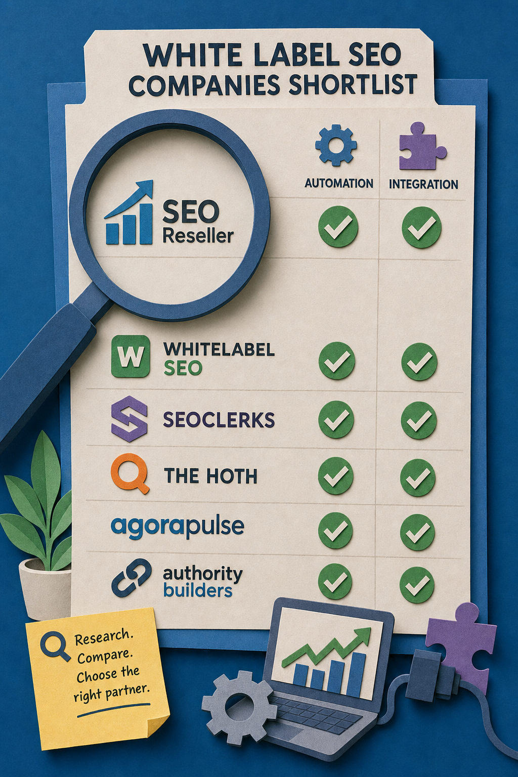 A papercraft illustration of a magnifying glass hovering over a list of logos representing white label SEO companies, with checkmarks next to automation and integration icons. Alt: research shortlist of white label SEO companies with automation and integration features