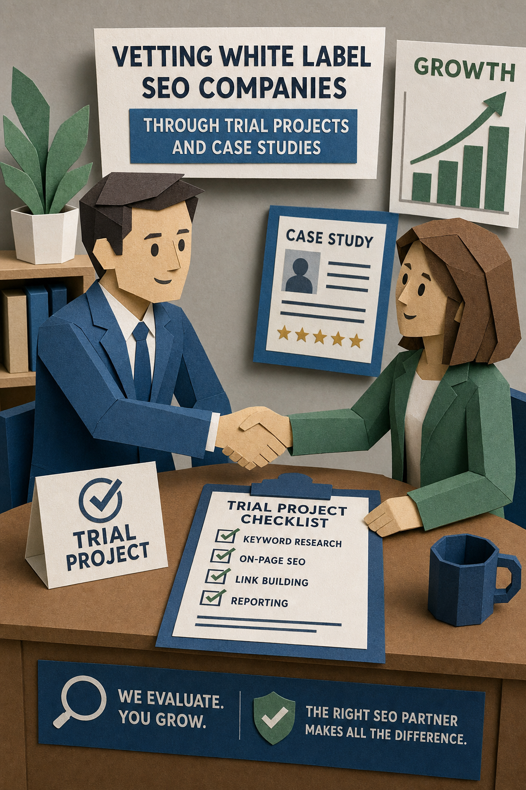 A papercraft scene showing two people shaking hands over a desk with a checklist and graph showing growth, symbolizing vetting a white label SEO partner through trial projects. Alt: vetting white label SEO companies through trial projects and case studies