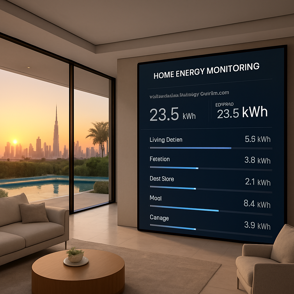 A sleek Dubai villa interior at sunset, with smart energy monitoring dashboard overlay showing real‑time kWh consumption by zone. Alt: Whole home energy monitoring system visualized in a luxury villa.