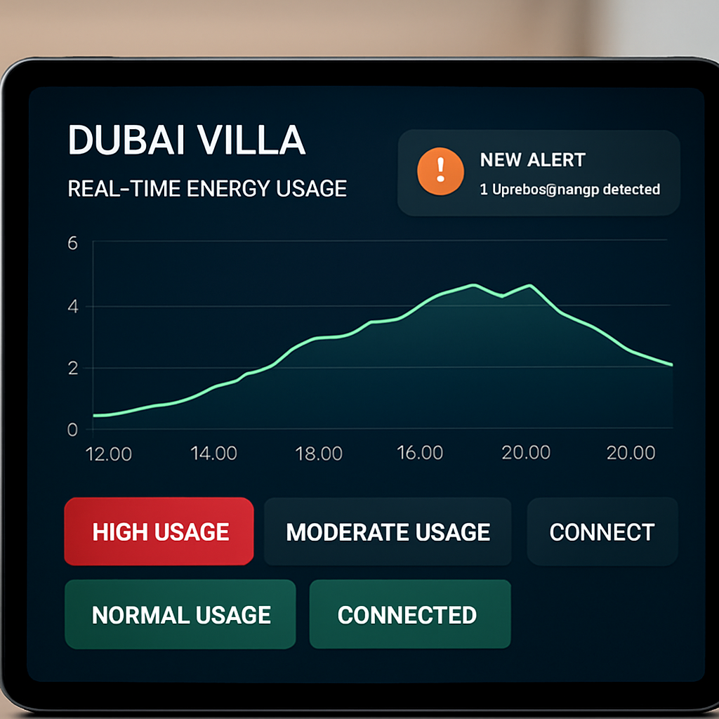 A sleek Dubai villa control panel on a tablet showing a live energy usage graph, colour‑coded alerts, and a notification bubble. Alt: Real‑time analytics dashboard for whole home energy monitoring system.