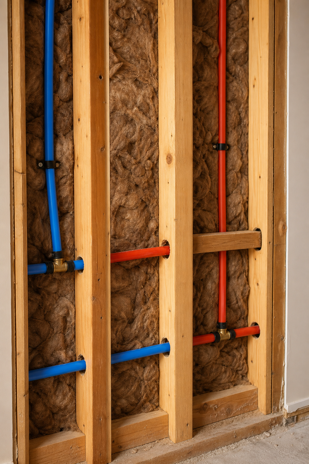 A realistic cross-sectional view of a wall showing blue and red PEX pipes running through wooden studs, with insulation in the background. Alt: PEX repiping inside wall cavity showing hot and cold water lines.