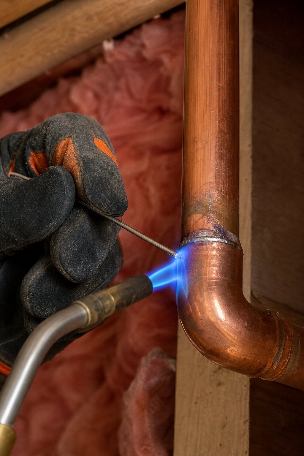 A close-up of a copper pipe being soldered by a gloved hand using a torch, with a blue flame visible. Alt: Soldering copper pipe during house repipe.