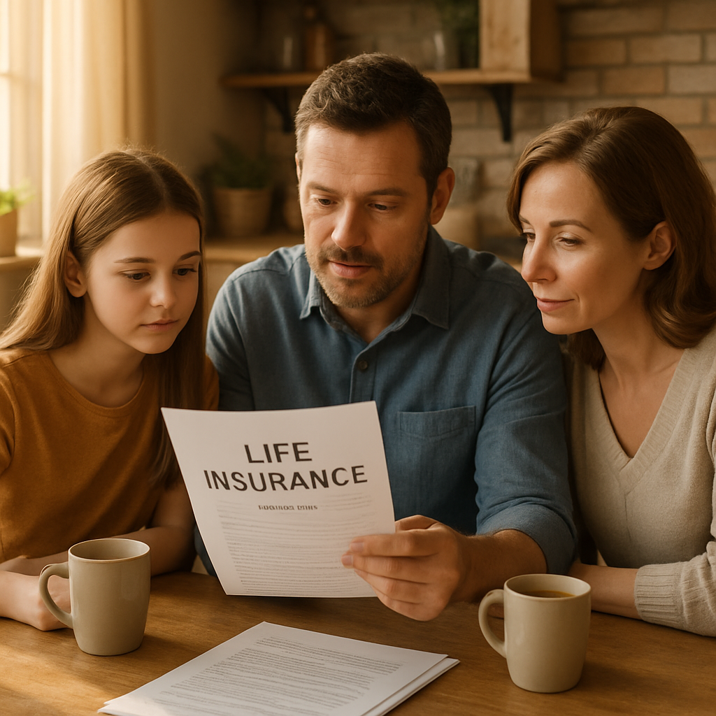 A warm, sunlit kitchen table with a family reviewing a life‑insurance document together. Alt: Whole life insurance with living benefits explained over coffee