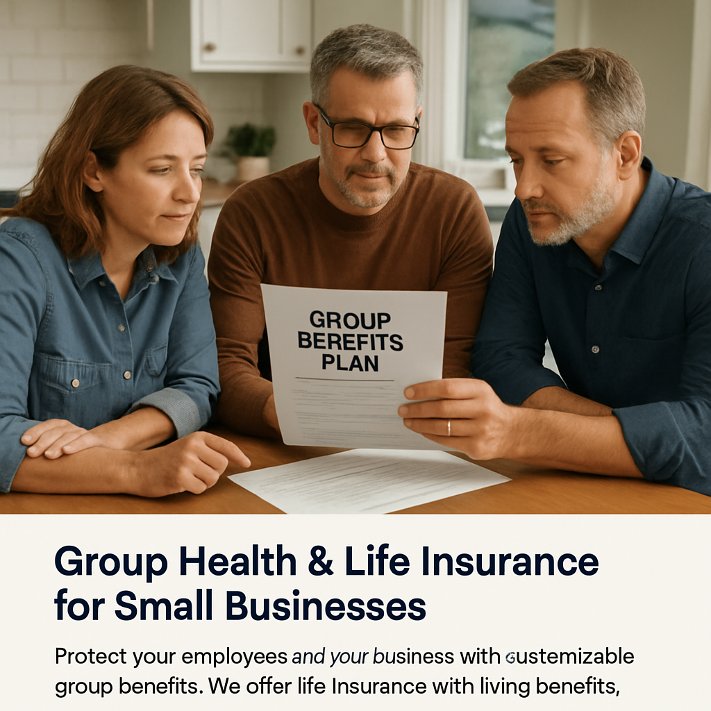 Small business owners reviewing a group benefits plan around a kitchen table. Alt: Group health and life insurance for small businesses