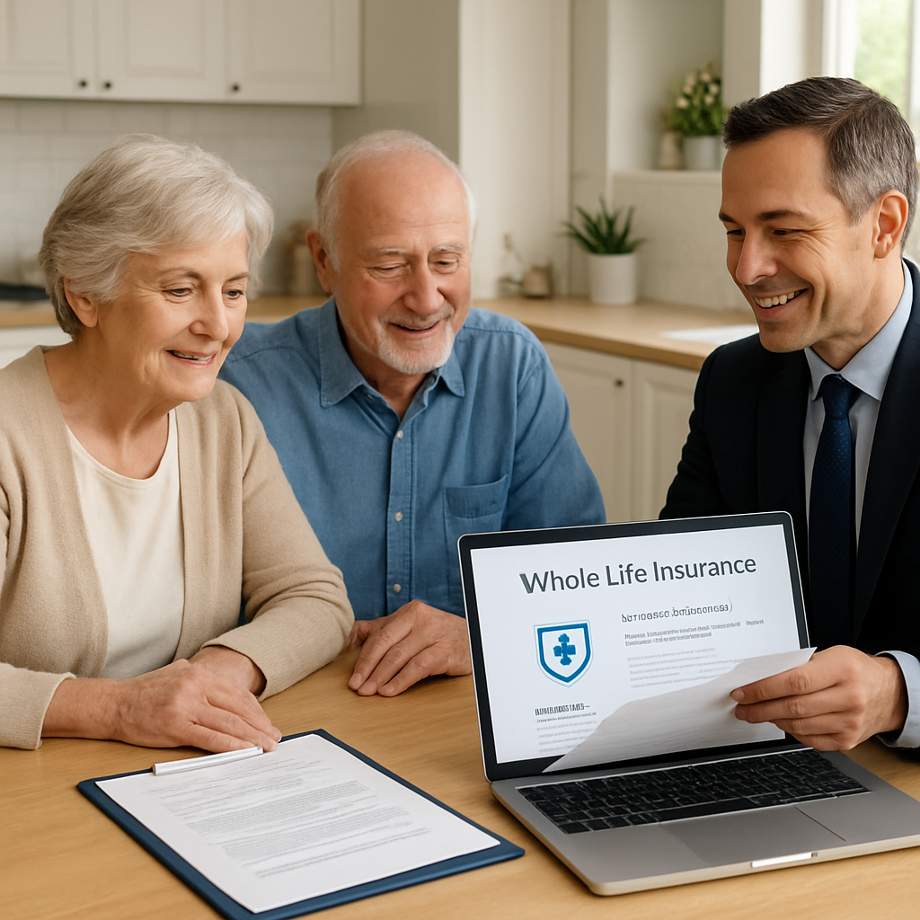 A senior couple sitting at a kitchen table with a financial advisor reviewing policy documents and a laptop screen showing a policy illustration. Alt: whole life insurance with long term care rider application process.