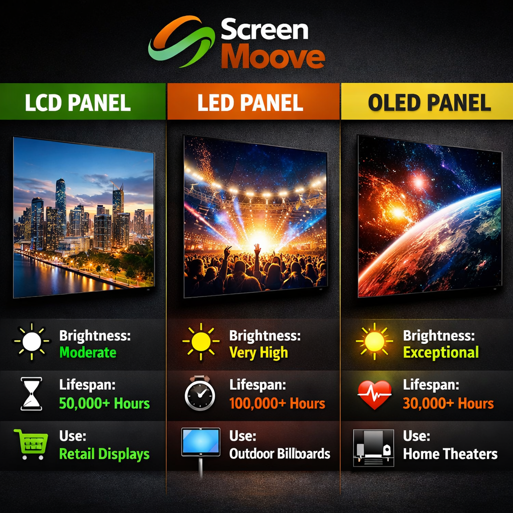 Comparison of LCD, LED, OLED display technologies for digital signage