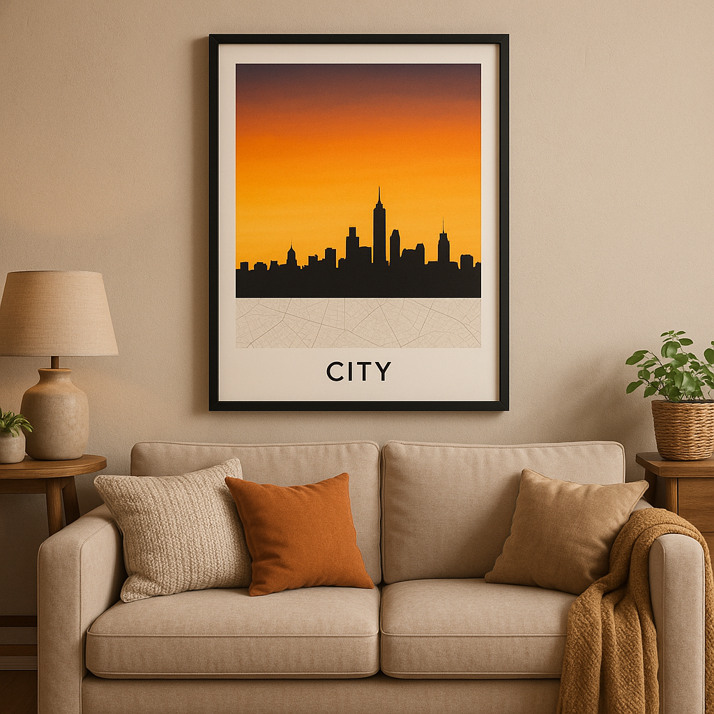 A cozy living room wall decorated with a framed custom map skyline poster gift showing a city's silhouette at sunset. Alt: Custom map skyline poster gift hanging in a stylish modern living room
