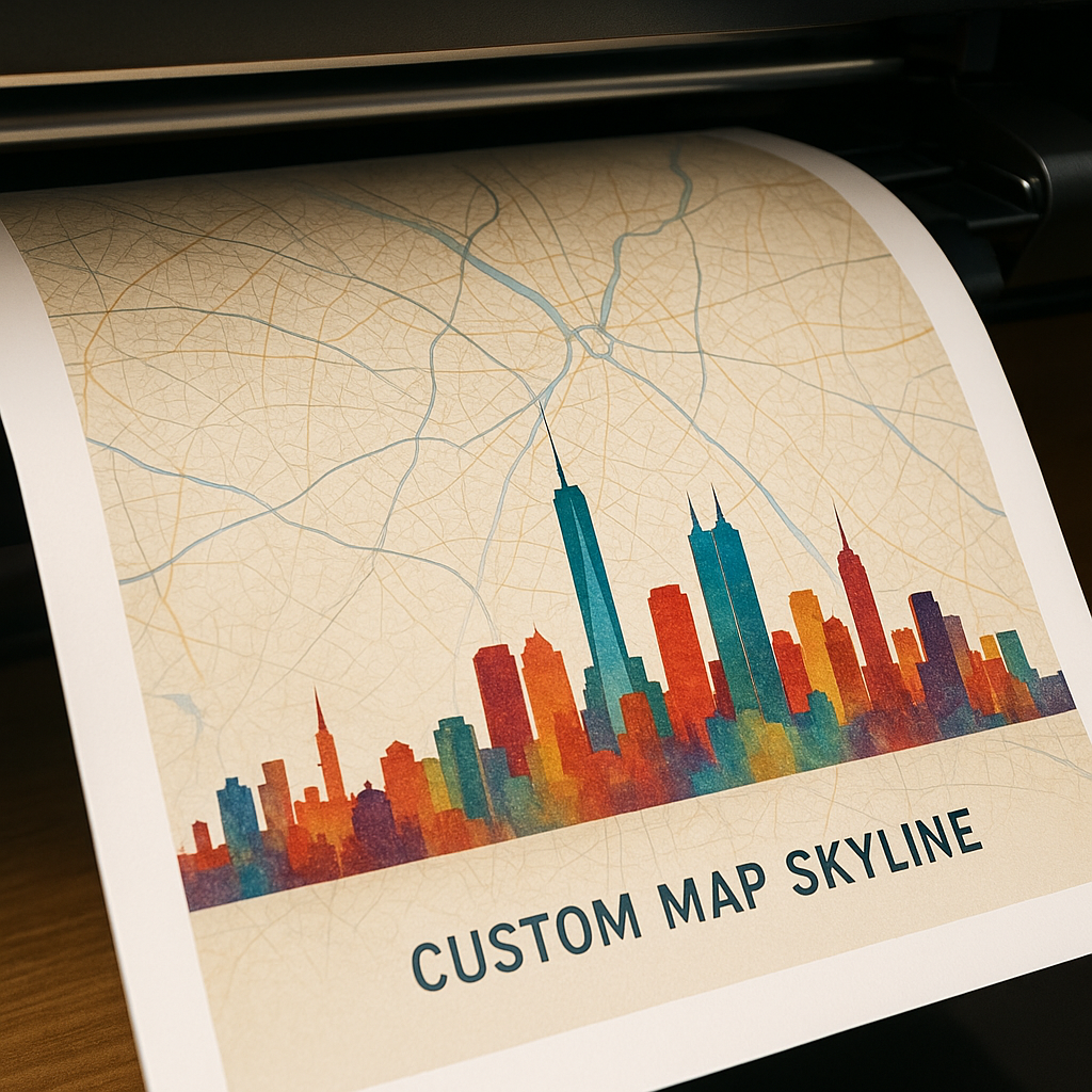 Close-up of a custom map skyline poster being printed with high-definition color quality. Alt: High-quality printing of a custom map skyline poster gift