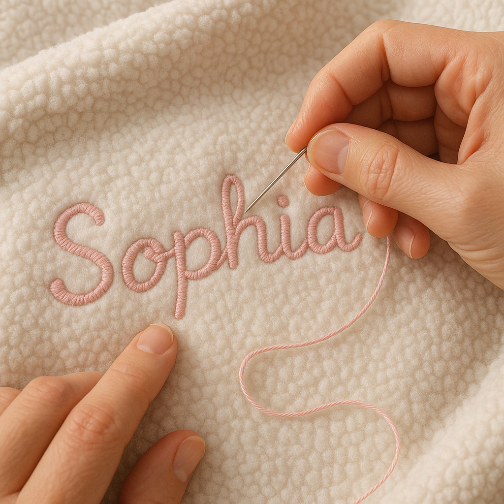 A close-up view of hands embroidery a baby's name onto a soft personalized baby blanket. Alt: Detailed craftsmanship on personalized baby blanket gift embroidery.
