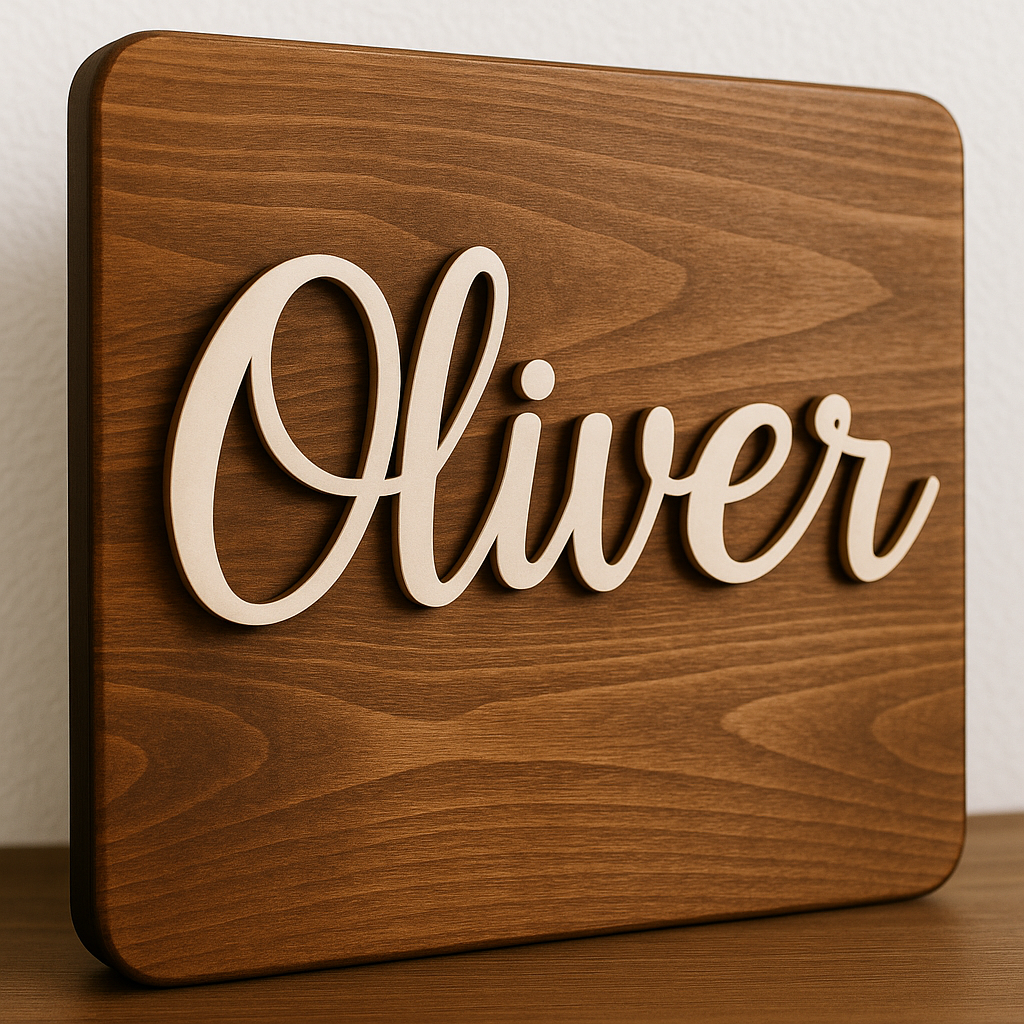 Close-up of a stained wooden personalized name sign highlighting smooth finishing. Alt: High-quality personalized name sign for nursery gift with wood stain finish.