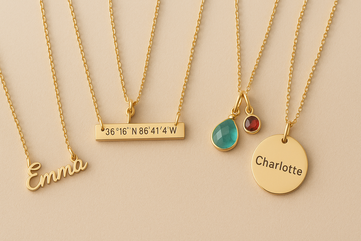 A collection of personalized necklaces featuring name charms, coordinate bars, and birthstone pendants. Alt: Personalized necklace gift collection showcasing unique styles and customization options.